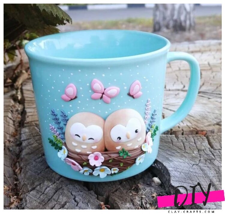 Mugs decorated with polymer clay